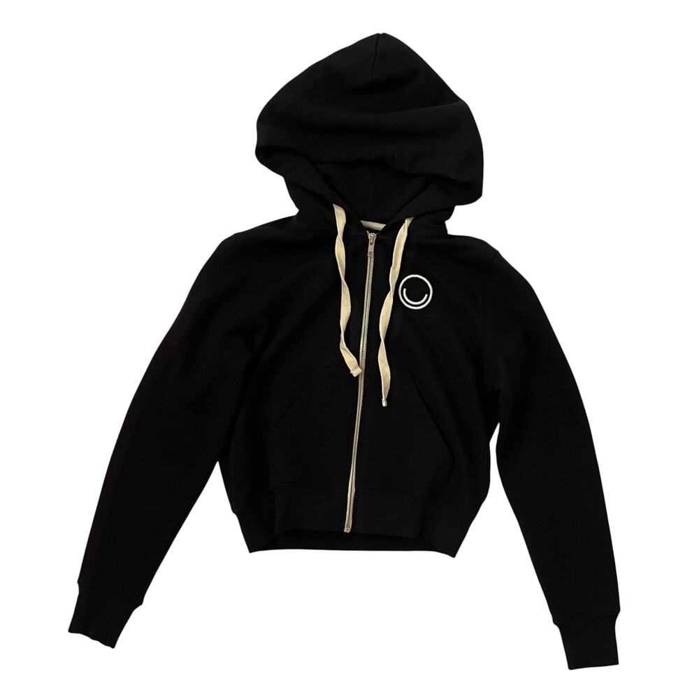 NWT FOR DAYS Terry Logo Cropped Full Zip Hoodie - Black - Smiley Face - Size S